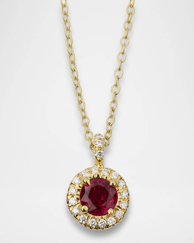 18K Yellow Gold Round Ruby and Diamond Pendant Necklace